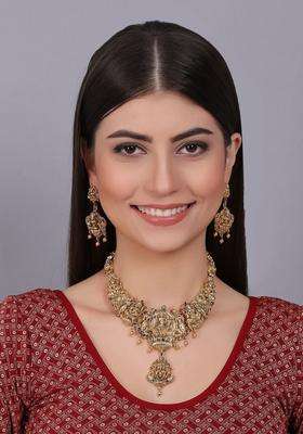Gold-Plated Stone-Studded & Beaded Temple Necklace & Earrings for Women | Traditional Temple Jewellery for Wedding & Festive Wear | Gift for Her