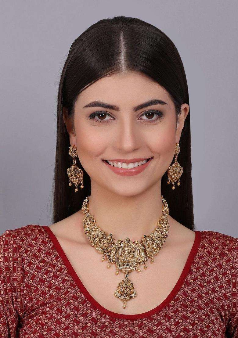 Gold-Plated Stone-Studded & Beaded Temple Necklace & Earrings for Women | Traditional Temple Jewellery for Wedding & Festive Wear | Gift for Her - Indya