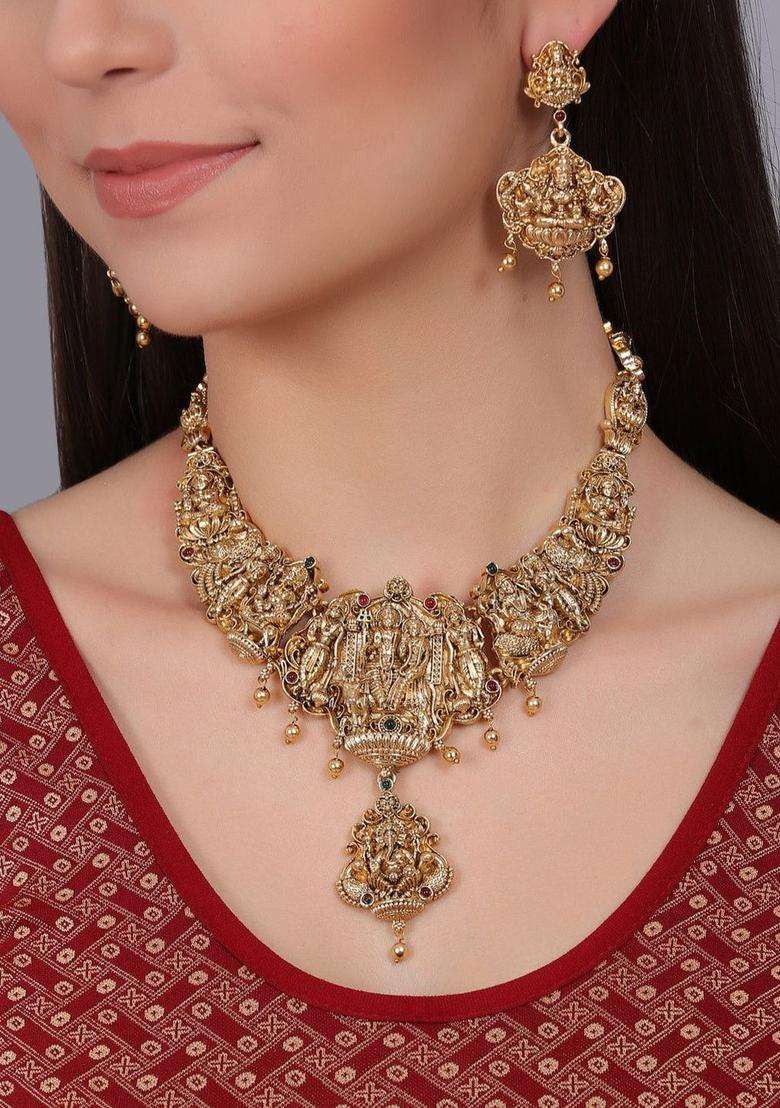 Gold-Plated Stone-Studded & Beaded Temple Necklace & Earrings for Women | Traditional Temple Jewellery for Wedding & Festive Wear | Gift for Her - Indya