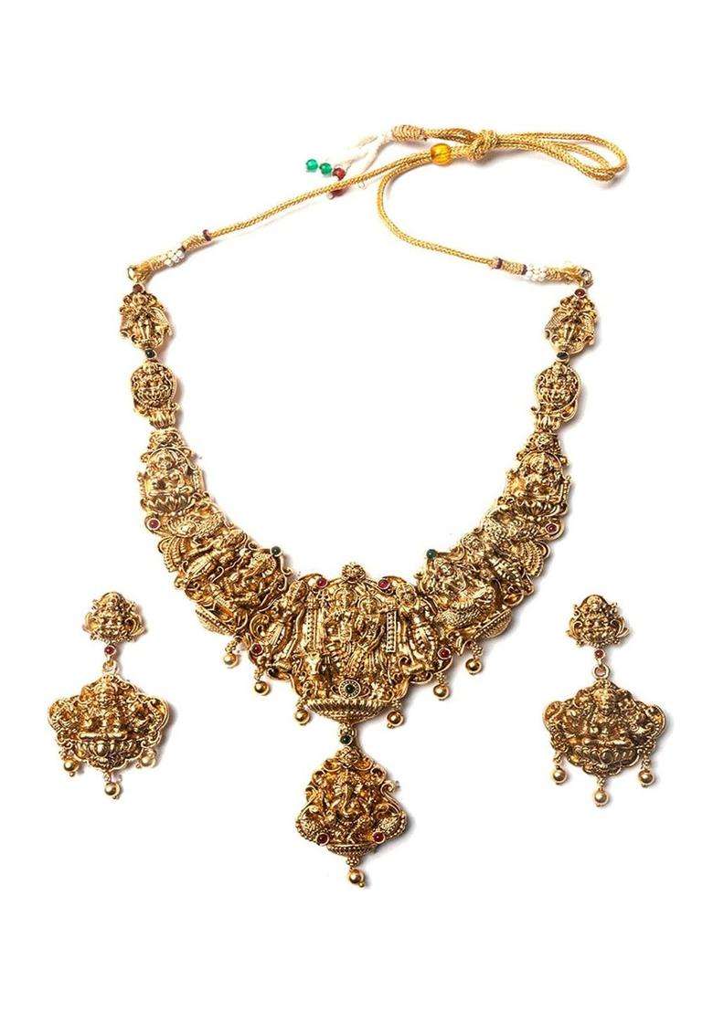 Gold-Plated Stone-Studded & Beaded Temple Necklace & Earrings for Women | Traditional Temple Jewellery for Wedding & Festive Wear | Gift for Her - Indya