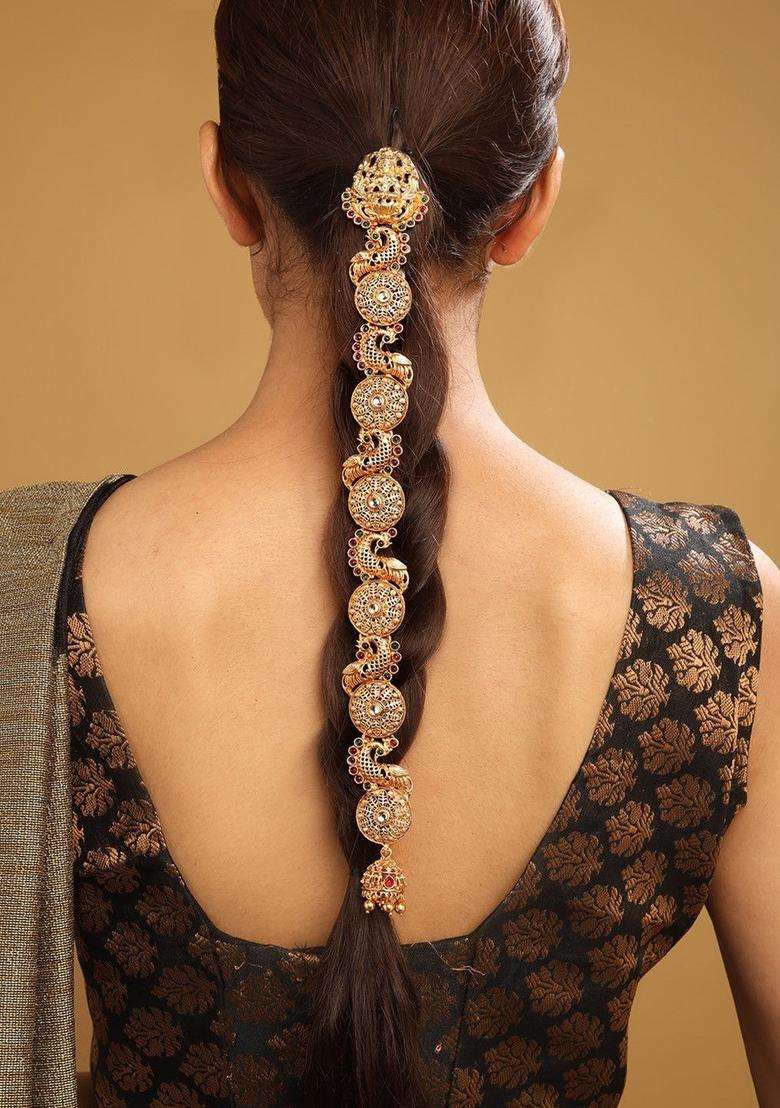 Gold-Plated Kemp Stone-Studded Temple Jada Bilai for Women | Traditional Temple Jewellery for Wedding & Festive Wear | Gift for Her - Indya