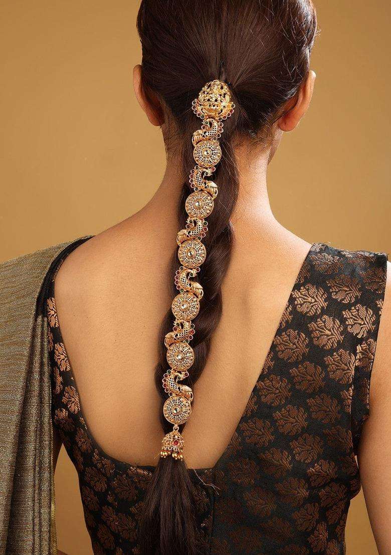 Gold-Plated Kemp Stone-Studded Temple Jada Bilai for Women | Traditional Temple Jewellery for Wedding & Festive Wear | Gift for Her - Indya
