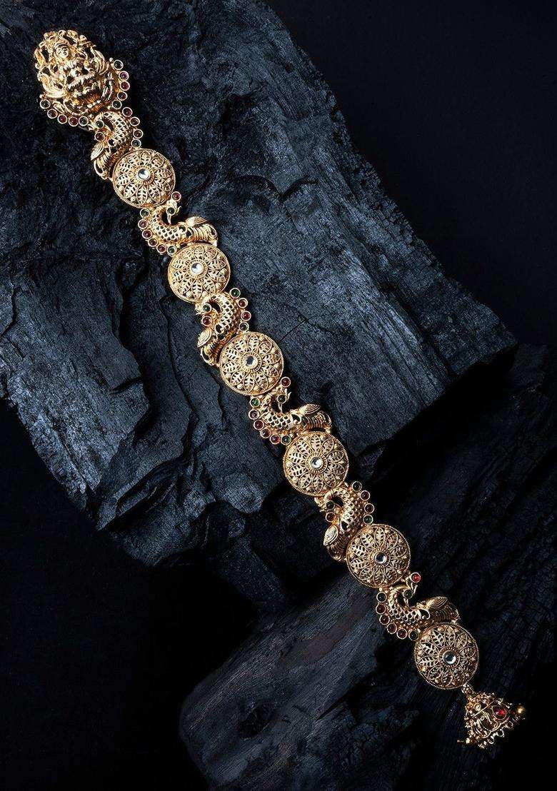 Gold-Plated Kemp Stone-Studded Temple Jada Bilai for Women | Traditional Temple Jewellery for Wedding & Festive Wear | Gift for Her - Indya