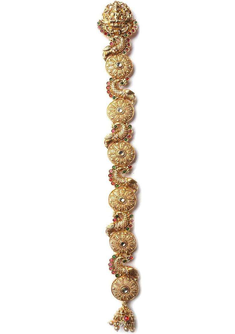 Gold-Plated Kemp Stone-Studded Temple Jada Bilai for Women | Traditional Temple Jewellery for Wedding & Festive Wear | Gift for Her - Indya