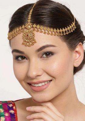 Gold-Plated Artificial Stones and Beads Studded Matha Patti Head Jewellery for Women | Traditional Temple Jewellery for Wedding & Festive Wear | Gift for Her