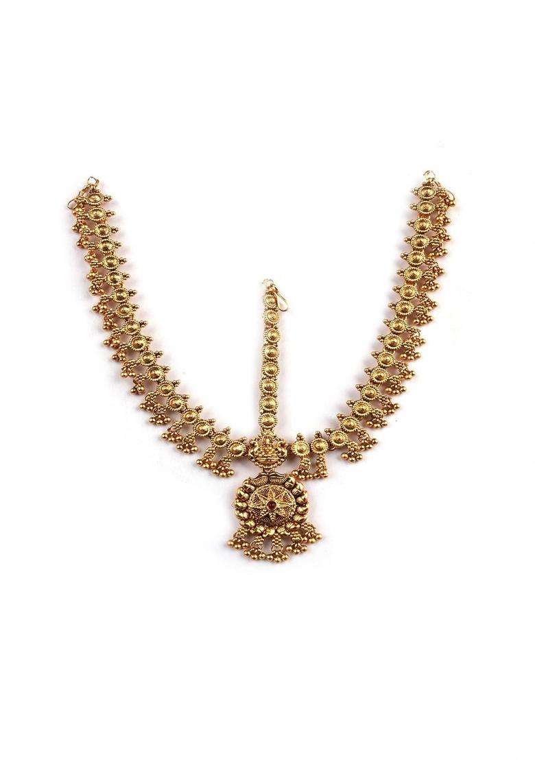 Gold-Plated Artificial Stones and Beads Studded Matha Patti Head Jewellery for Women | Traditional Temple Jewellery for Wedding & Festive Wear | Gift for Her - Indya