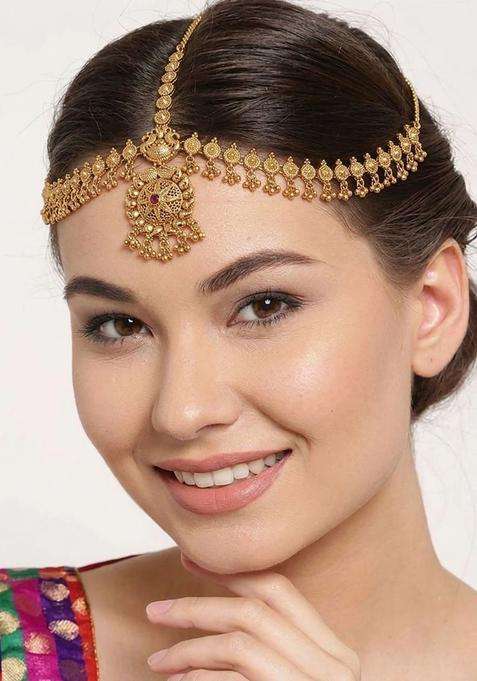 Gold-Plated Artificial Stones and Beads Studded Matha Patti Head Jewellery for Women | Traditional Temple Jewellery for Wedding & Festive Wear | Gift for Her