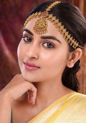 Gold-Plated Artificial Stones and Beads Studded Matha Patti Head Jewellery for Women | Traditional Temple Jewellery for Wedding & Festive Wear | Gift for Her