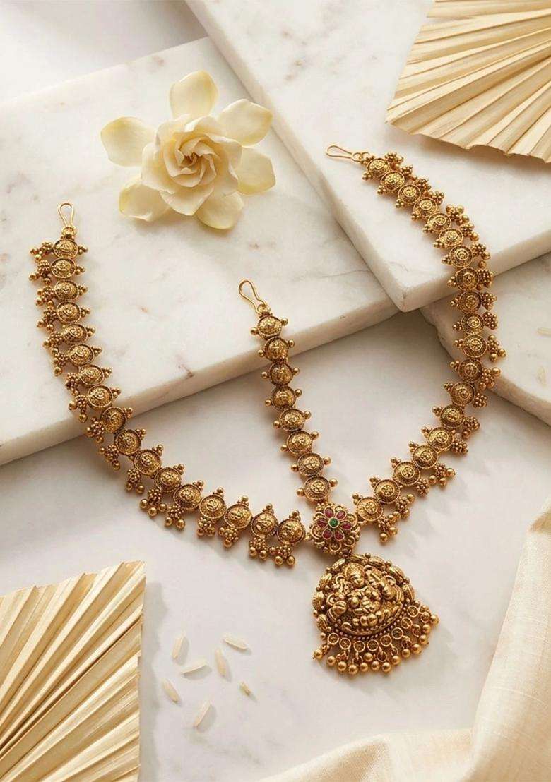 Gold-Plated Artificial Stones and Beads Studded Matha Patti Head Jewellery for Women | Traditional Temple Jewellery for Wedding & Festive Wear | Gift for Her - Indya