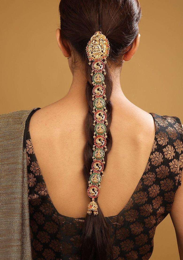 Gold-Plated Kemp Stone-Studded Temple Jada Bilai for Women | Traditional Temple Jewellery for Wedding & Festive Wear | Gift for Her - Indya