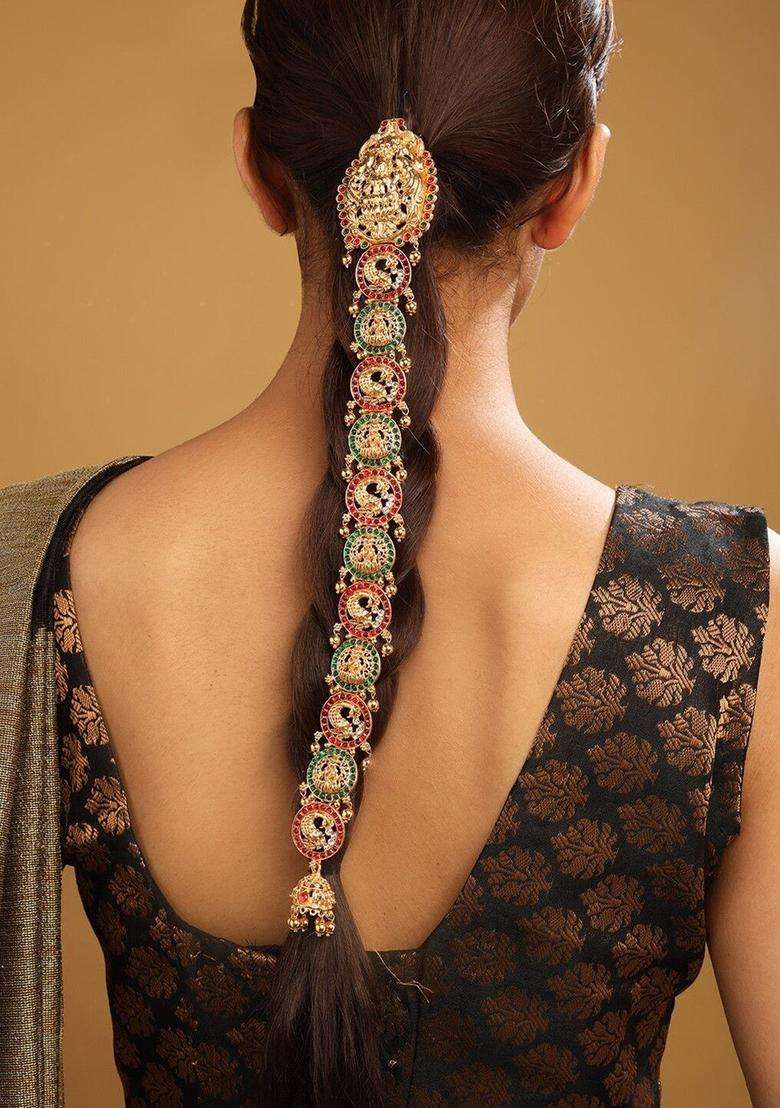Gold-Plated Kemp Stone-Studded Temple Jada Bilai for Women | Traditional Temple Jewellery for Wedding & Festive Wear | Gift for Her - Indya