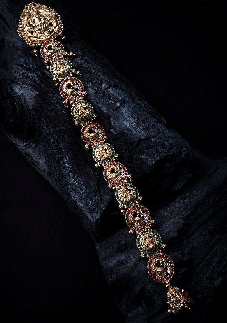 Gold-Plated Kemp Stone-Studded Temple Jada Bilai for Women | Traditional Temple Jewellery for Wedding & Festive Wear | Gift for Her - Indya