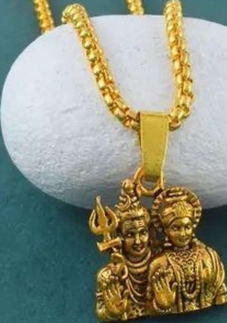 Stainless Steel Gold-Plated Shiv Parvati Pendants with Chains for Men & Women | Traditional Temple Jewellery for Wedding & Festive Wear | Festive Gift - Indya
