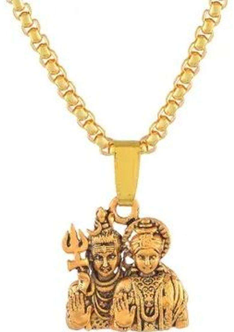 Stainless Steel Gold-Plated Shiv Parvati Pendants with Chains for Men & Women | Traditional Temple Jewellery for Wedding & Festive Wear | Festive Gift - Indya