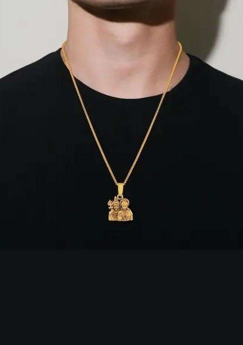 Stainless Steel Gold-Plated Shiv Parvati Pendants with Chains for Men & Women | Traditional Temple Jewellery for Wedding & Festive Wear | Festive Gift - Indya