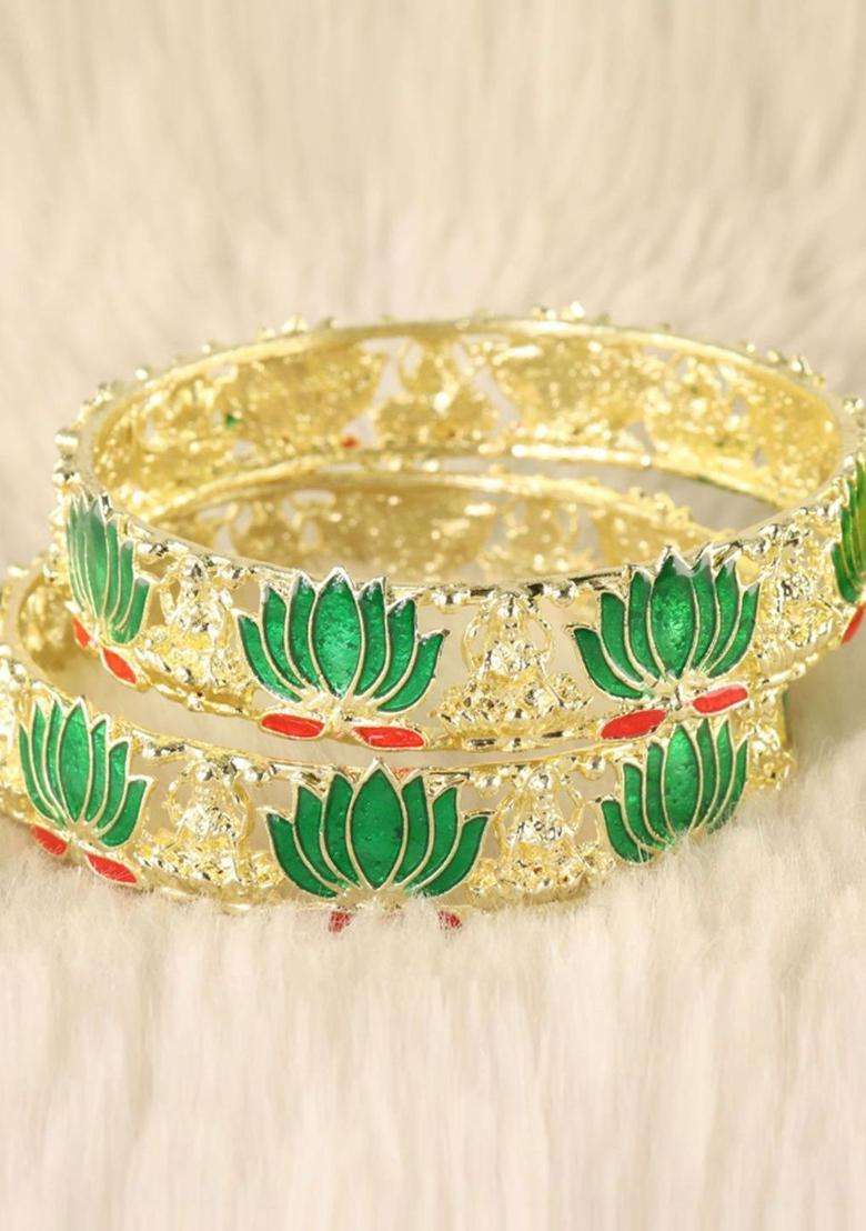 Set of 2 Gold-Plated Alloy Kada with Lotus Laxmi Design for Women | Traditional Temple Jewellery for Wedding & Festive Wear | Gift for Her - Indya