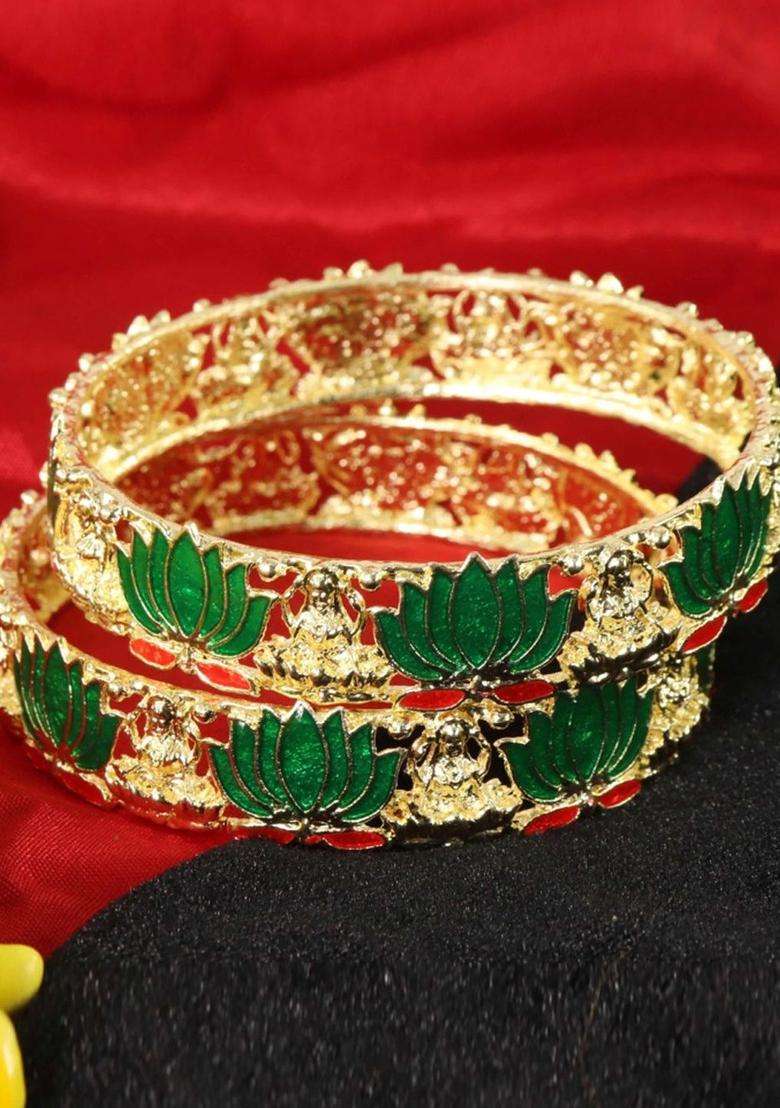 Set of 2 Gold-Plated Alloy Kada with Lotus Laxmi Design for Women | Traditional Temple Jewellery for Wedding & Festive Wear | Gift for Her - Indya