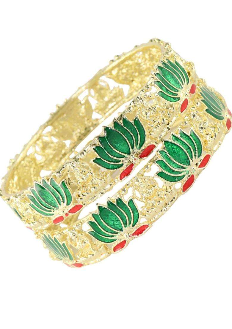 Set of 2 Gold-Plated Alloy Kada with Lotus Laxmi Design for Women | Traditional Temple Jewellery for Wedding & Festive Wear | Gift for Her - Indya