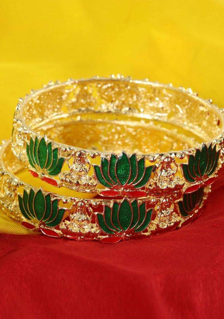 Set of 2 Gold-Plated Alloy Kada with Lotus Laxmi Design for Women | Traditional Temple Jewellery for Wedding & Festive Wear | Gift for Her - Indya