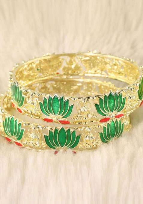 Set of 2 Gold-Plated Alloy Kada with Lotus Laxmi Design for Women | Traditional Temple Jewellery for Wedding & Festive Wear | Gift for Her