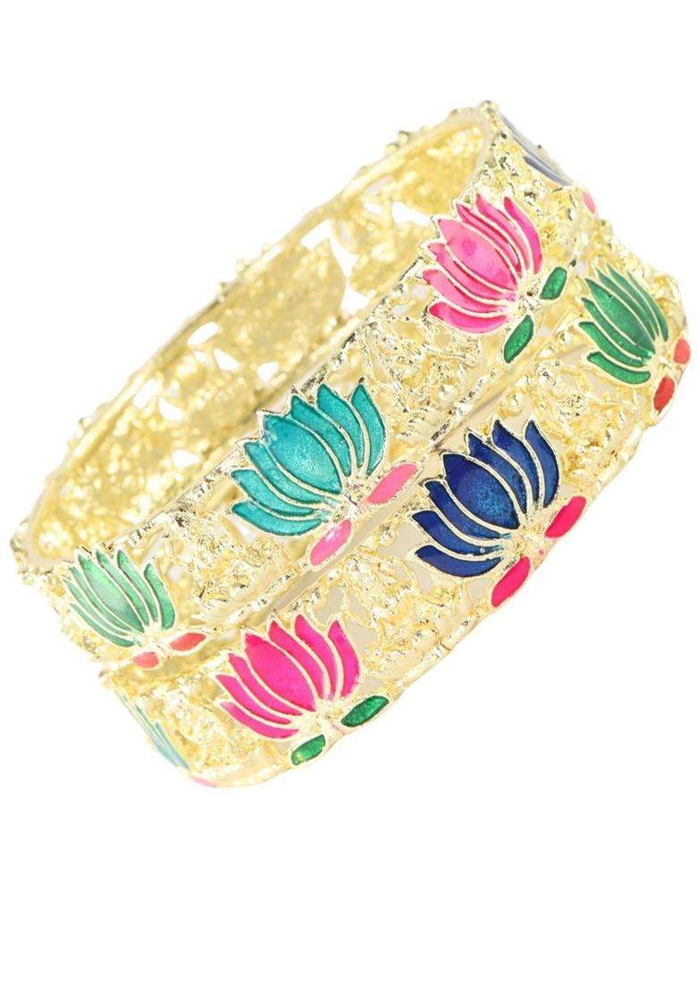 Set of 2 Gold-Plated Alloy Kada with Lotus Laxmi Design for Women | Traditional Temple Jewellery for Wedding & Festive Wear | Gift for Her - Indya