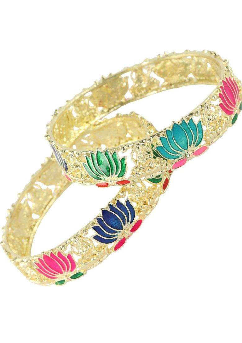 Set of 2 Gold-Plated Alloy Kada with Lotus Laxmi Design for Women | Traditional Temple Jewellery for Wedding & Festive Wear | Gift for Her - Indya