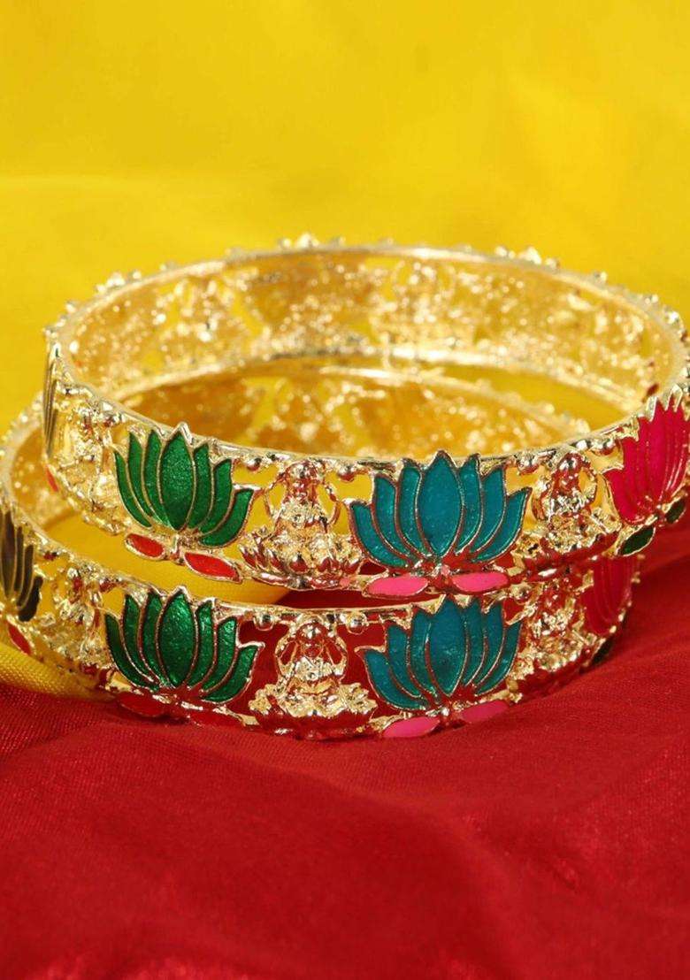 Set of 2 Gold-Plated Alloy Kada with Lotus Laxmi Design for Women | Traditional Temple Jewellery for Wedding & Festive Wear | Gift for Her - Indya