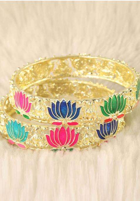 Set of 2 Gold-Plated Alloy Kada with Lotus Laxmi Design for Women | Traditional Temple Jewellery for Wedding & Festive Wear | Gift for Her