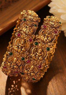 Set of 2 Gold-Plated Temple Stone Studded & Beaded Bangles for Women | Traditional Temple Jewellery for Wedding & Festive Wear | Gift for Her