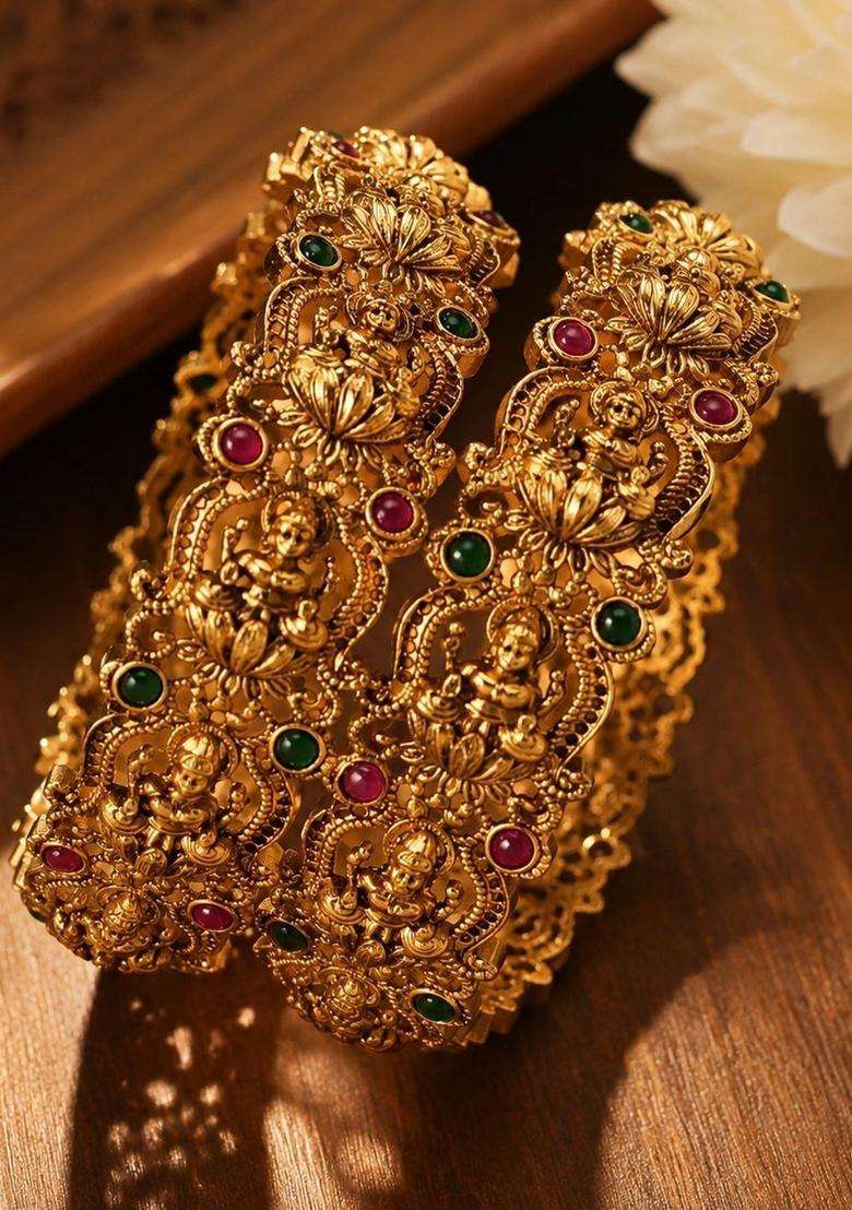 Set of 2 Gold-Plated Temple Stone Studded & Beaded Bangles for Women | Traditional Temple Jewellery for Wedding & Festive Wear | Gift for Her - Indya
