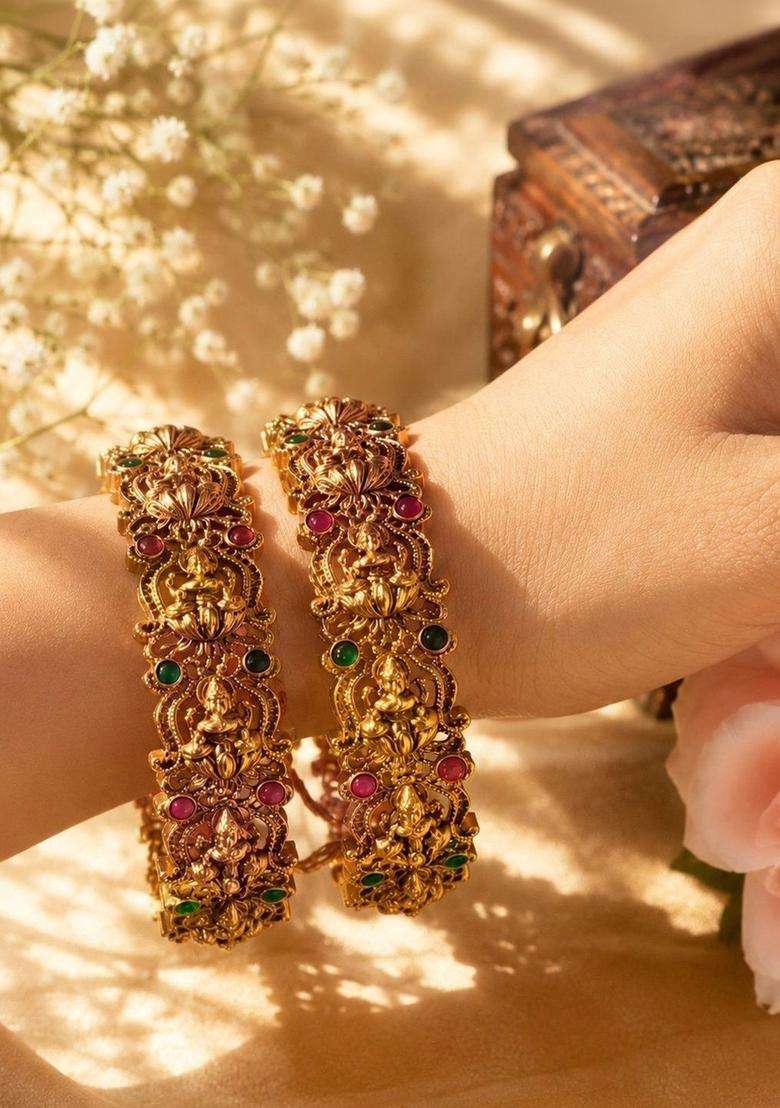 Set of 2 Gold-Plated Temple Stone Studded & Beaded Bangles for Women | Traditional Temple Jewellery for Wedding & Festive Wear | Gift for Her - Indya