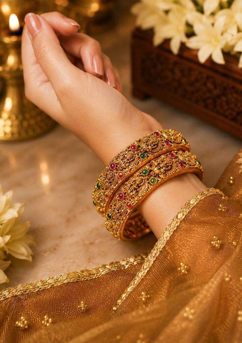Set of 2 Gold-Plated Temple Stone Studded & Beaded Bangles for Women | Traditional Temple Jewellery for Wedding & Festive Wear | Gift for Her - Indya