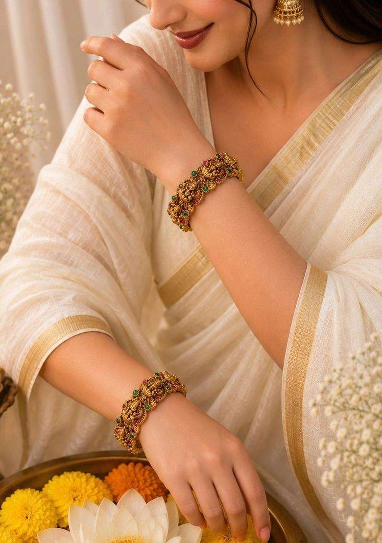 Set of 2 Gold-Plated Temple Stone Studded & Beaded Bangles for Women | Traditional Temple Jewellery for Wedding & Festive Wear | Gift for Her - Indya