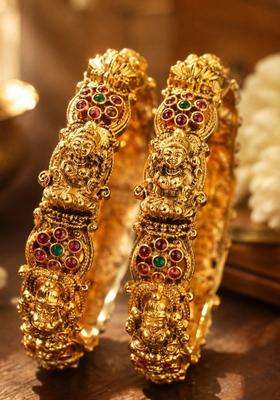 Set of 2 Gold-Plated Temple Stone Studded & Beaded Bangles for Women | Traditional Temple Jewellery for Wedding & Festive Wear | Gift for Her