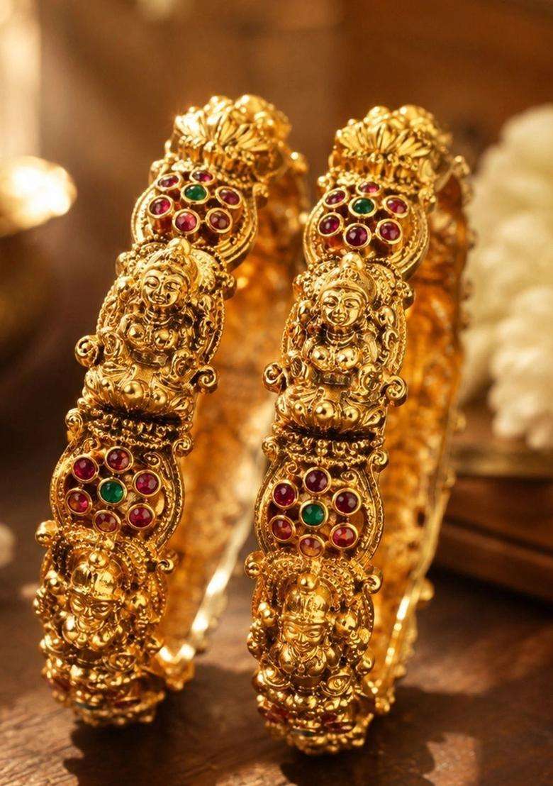 Set of 2 Gold-Plated Temple Stone Studded & Beaded Bangles for Women | Traditional Temple Jewellery for Wedding & Festive Wear | Gift for Her - Indya