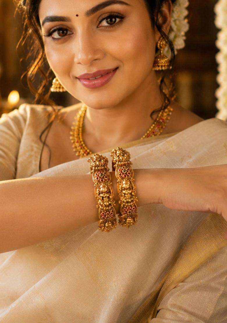 Set of 2 Gold-Plated Temple Stone Studded & Beaded Bangles for Women | Traditional Temple Jewellery for Wedding & Festive Wear | Gift for Her - Indya