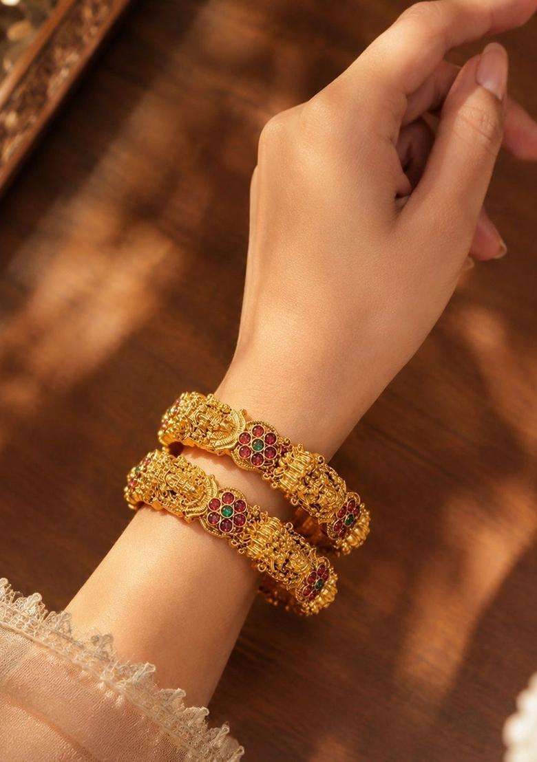 Set of 2 Gold-Plated Temple Stone Studded & Beaded Bangles for Women | Traditional Temple Jewellery for Wedding & Festive Wear | Gift for Her - Indya