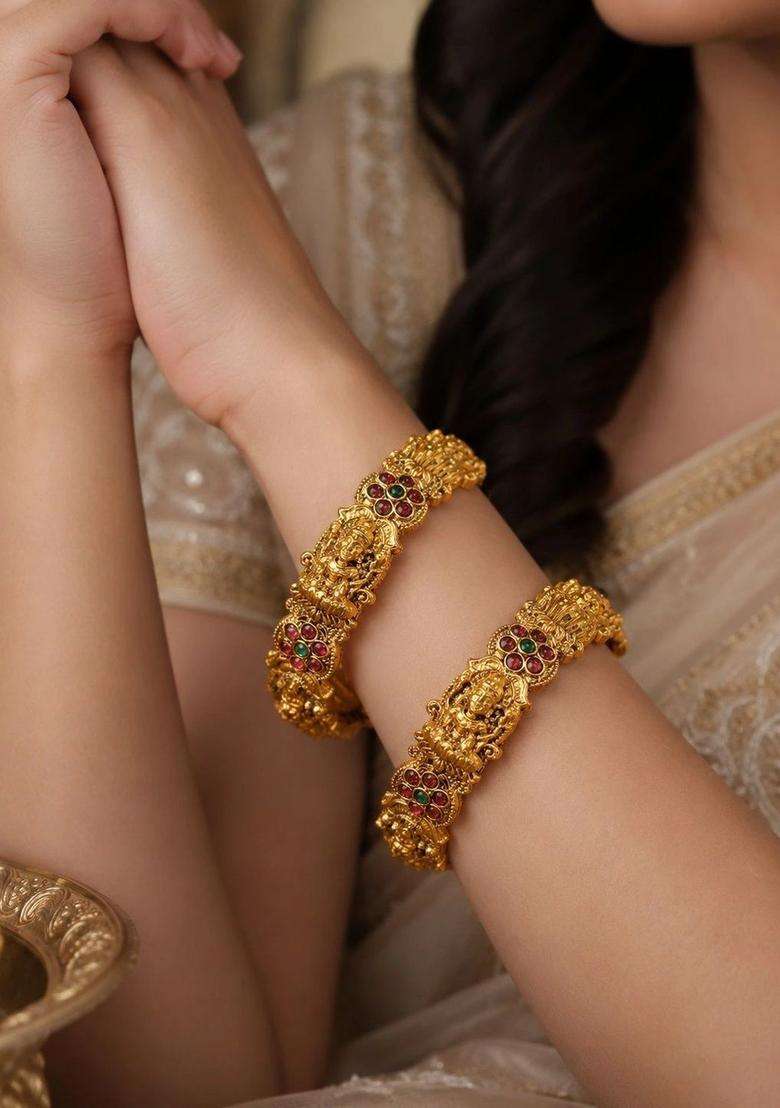 Set of 2 Gold-Plated Temple Stone Studded & Beaded Bangles for Women | Traditional Temple Jewellery for Wedding & Festive Wear | Gift for Her - Indya