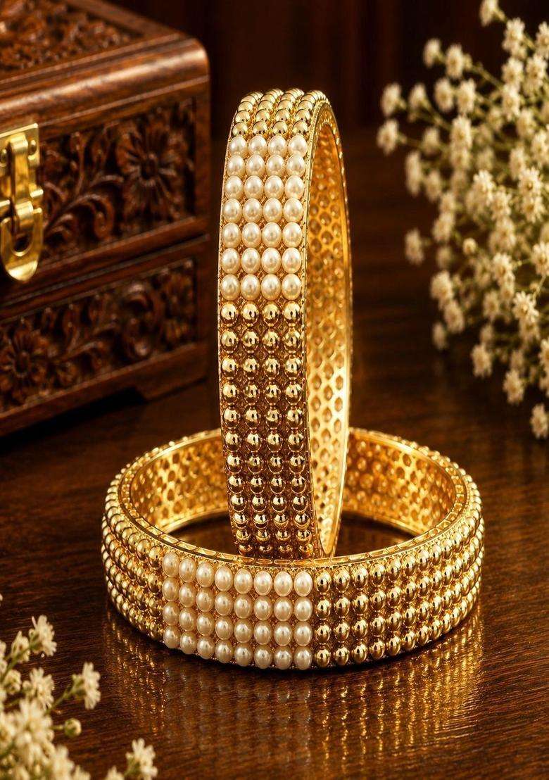Set of 2 Gold-Plated Stone Studded & Beaded Bangles for Women | Traditional Temple Jewellery for Wedding & Festive Wear | Gift for Her - Indya