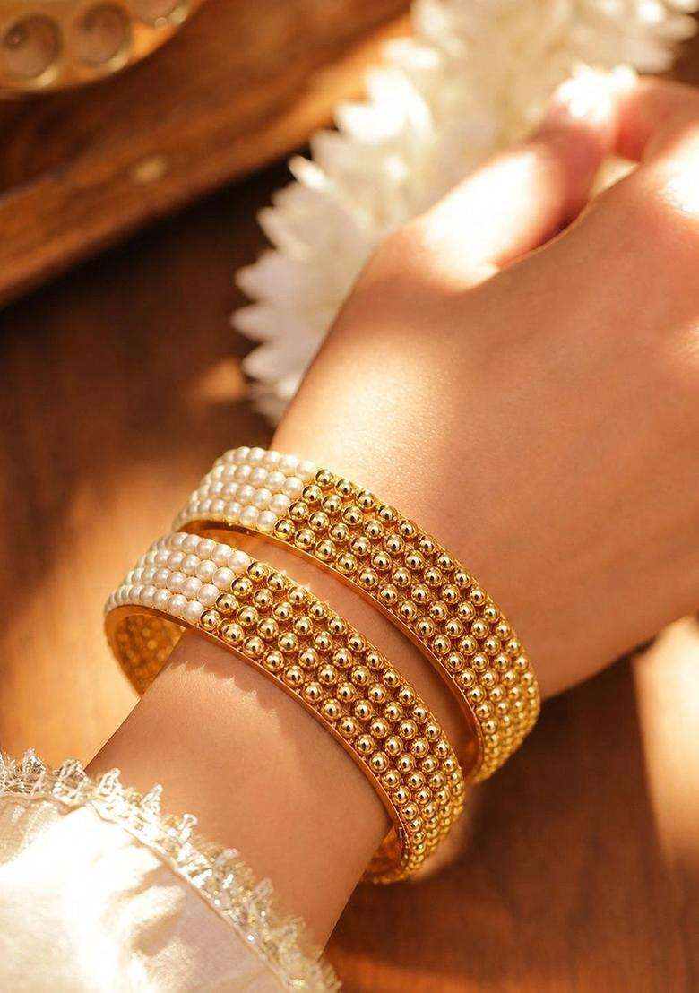 Set of 2 Gold-Plated Stone Studded & Beaded Bangles for Women | Traditional Temple Jewellery for Wedding & Festive Wear | Gift for Her - Indya
