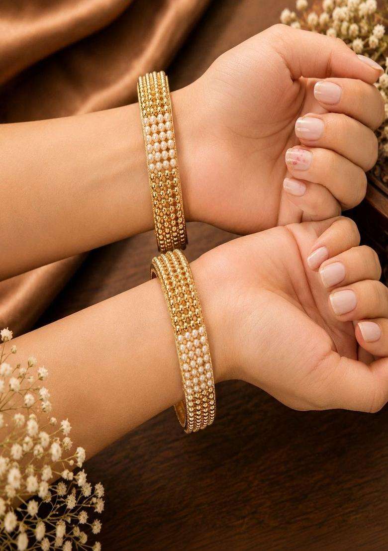 Set of 2 Gold-Plated Stone Studded & Beaded Bangles for Women | Traditional Temple Jewellery for Wedding & Festive Wear | Gift for Her - Indya