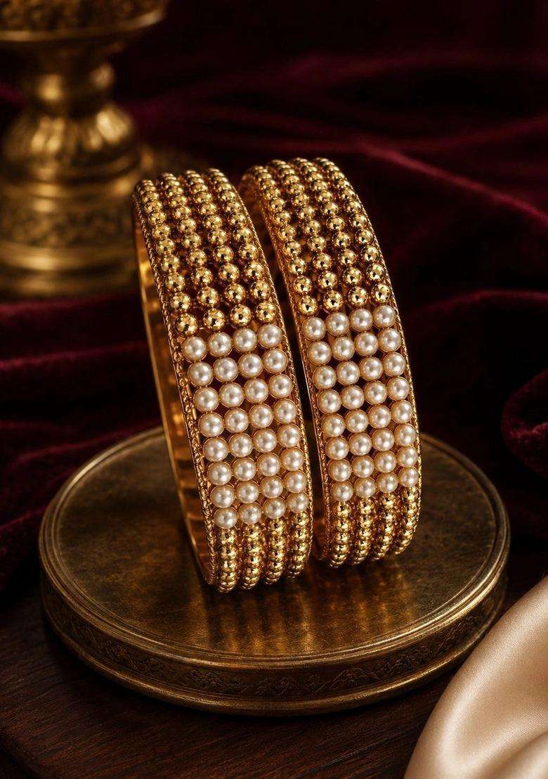 Set of 2 Gold-Plated Stone Studded & Beaded Bangles for Women | Traditional Temple Jewellery for Wedding & Festive Wear | Gift for Her - Indya