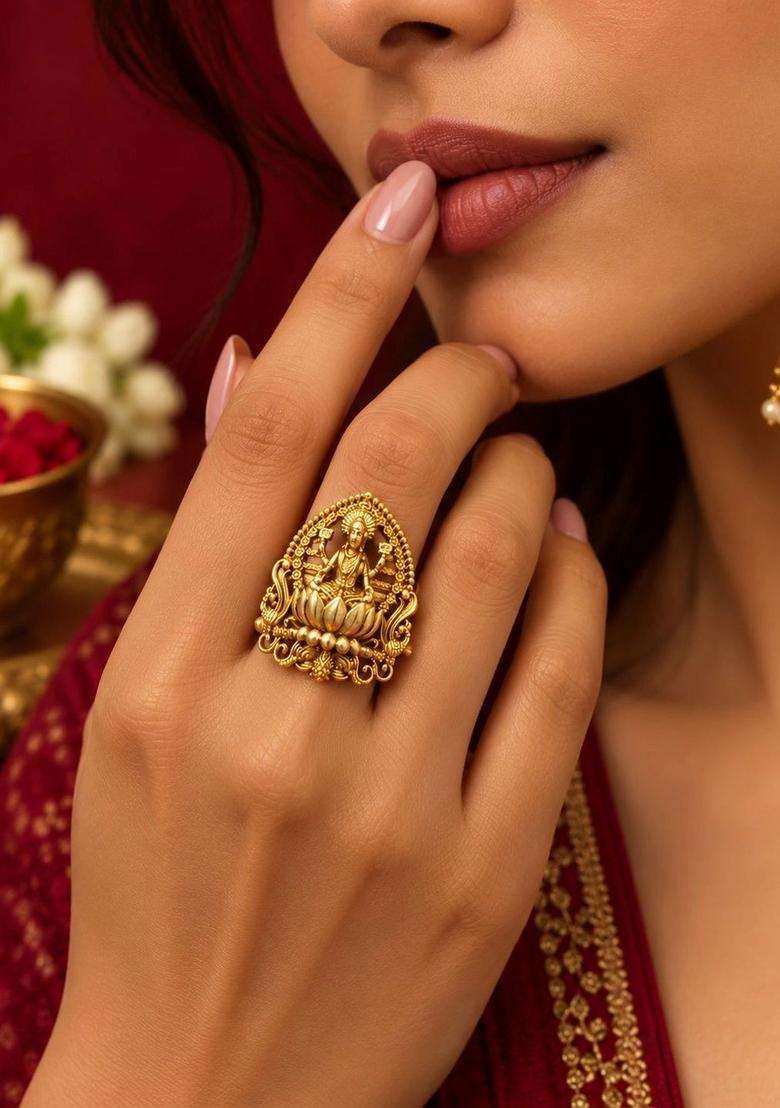 Gold-Plated Temple Finger Ring for Women | Traditional Temple Jewellery for Wedding & Festive Wear | Gift for Her - Indya