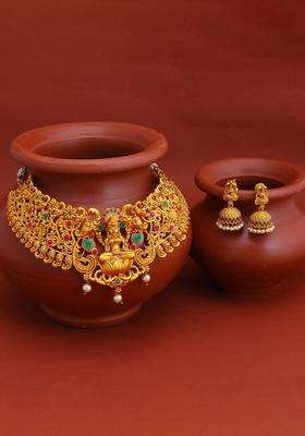Gold-Plated Pink & Green Stone-Studded Beaded Temple Jewellery Set with Pearl for Women | Traditional Temple Jewellery for Wedding & Festive Wear | Gift for Her