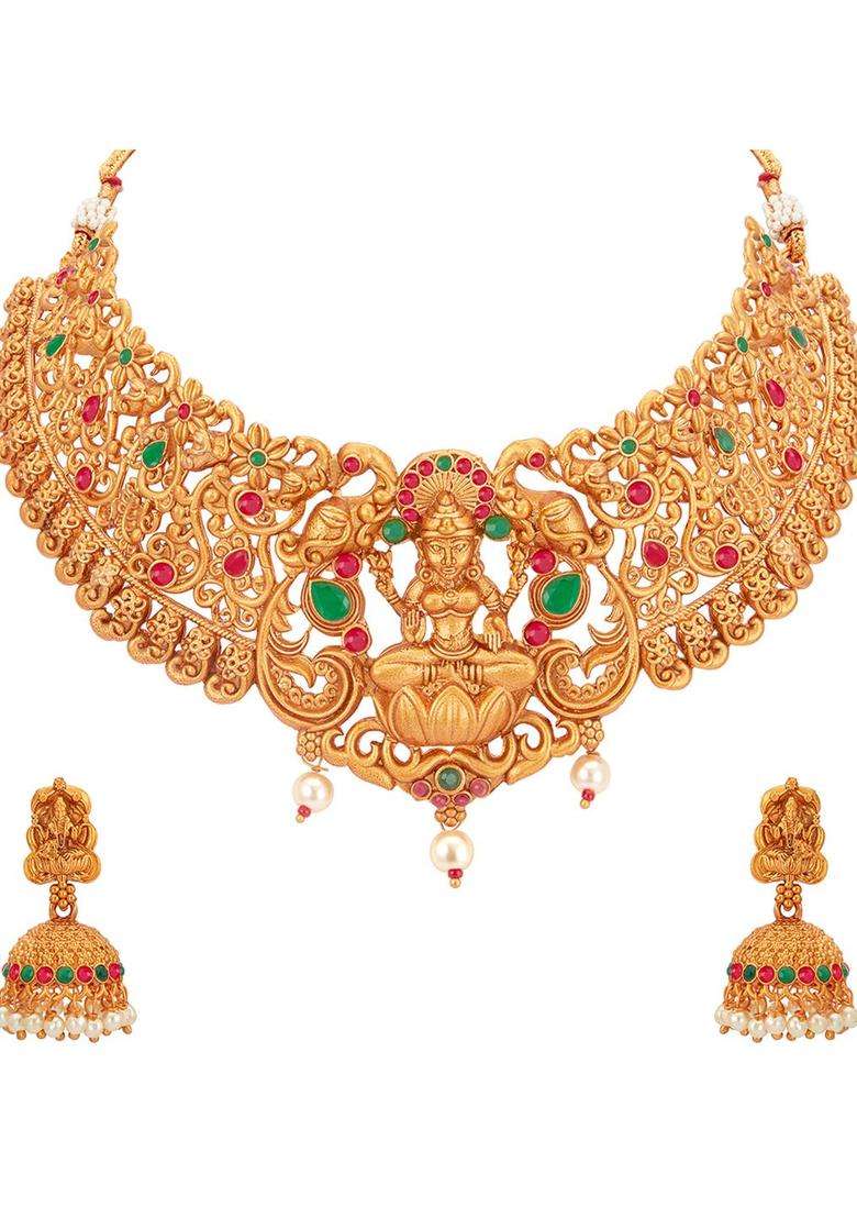 Gold-Plated Pink & Green Stone-Studded Beaded Temple Jewellery Set with Pearl for Women | Traditional Temple Jewellery for Wedding & Festive Wear | Gift for Her - Indya