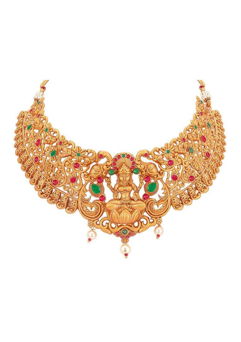 Gold-Plated Pink & Green Stone-Studded Beaded Temple Jewellery Set with Pearl for Women | Traditional Temple Jewellery for Wedding & Festive Wear | Gift for Her - Indya