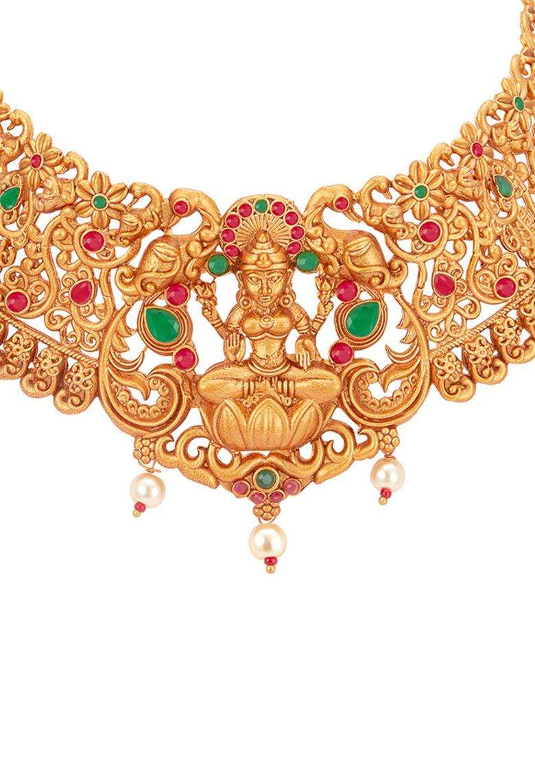Gold-Plated Pink & Green Stone-Studded Beaded Temple Jewellery Set with Pearl for Women | Traditional Temple Jewellery for Wedding & Festive Wear | Gift for Her - Indya