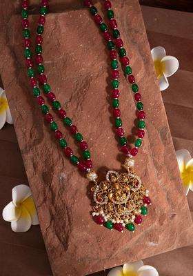 18k Gold-Plated Artificial Stones Studded and Beaded Temple Statement Necklace for Women | Traditional Temple Jewellery for Wedding & Festive Wear | Gift for Her