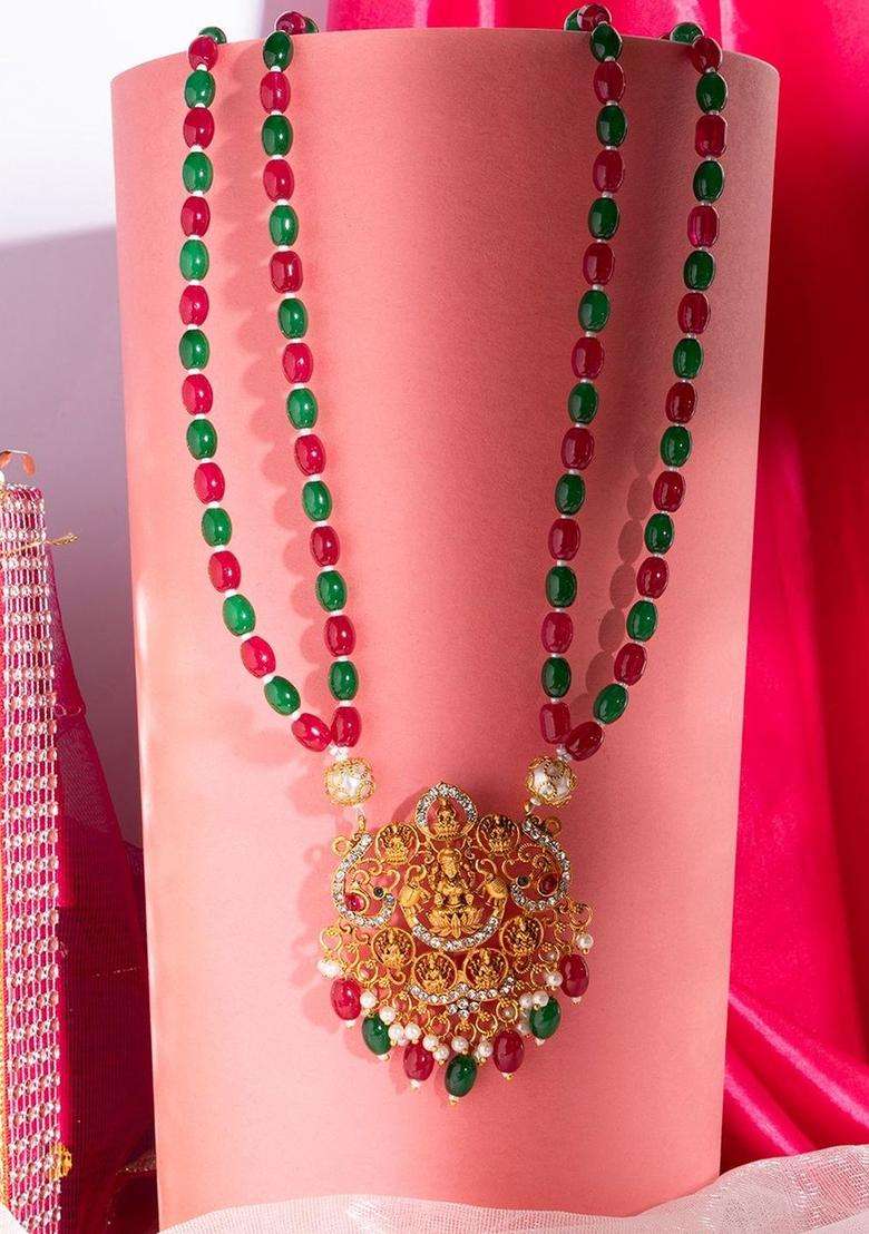 18k Gold-Plated Artificial Stones Studded and Beaded Temple Statement Necklace for Women | Traditional Temple Jewellery for Wedding & Festive Wear | Gift for Her - Indya