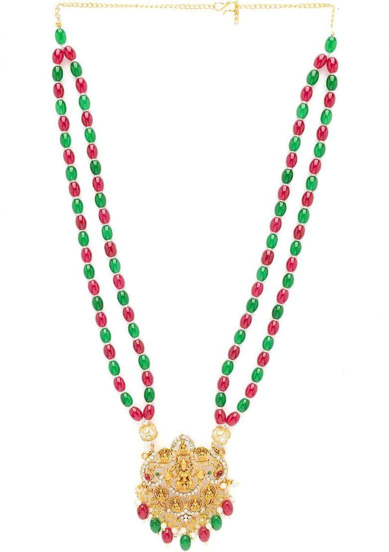 18k Gold-Plated Artificial Stones Studded and Beaded Temple Statement Necklace for Women | Traditional Temple Jewellery for Wedding & Festive Wear | Gift for Her - Indya